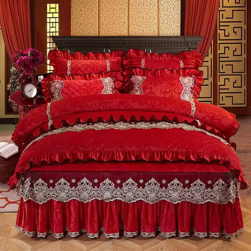 Ensemble de housses de couette 4 pièces style américain nature lin mélangé Red Rose Crystal Velvet