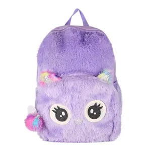 Tas ransel sekolah anak perempuan, tas punggung sekolah anak perempuan mewah lucu berbulu gaya kartun ungu grosir 8-12 tahun