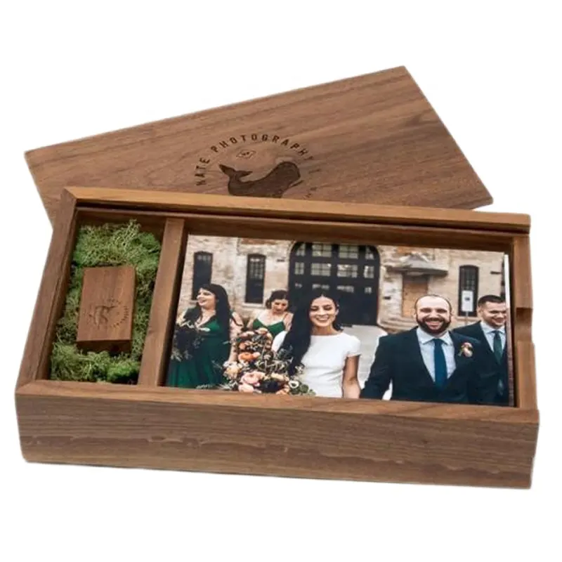 Walnut Wooden Photo Album Box Flash Drive Pendrive Custom Engraved Logo Wedding gifts packaging usb wood box