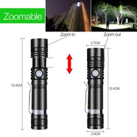 Lampe torche LED T6 rechargeable par USB, en alliage d'aluminium, étanche, 3 modes de gradation, mise au point réglable, utilisation en extérieur, clip stylo, portable