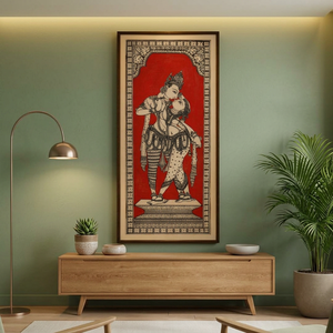 Peinture murale traditionnelle Radha Krishna SSD Market |   Œuvre d'art mythologique indienne faite à la main |   Décoration d'intérieur ethnique rouge et noire - Product Image 1