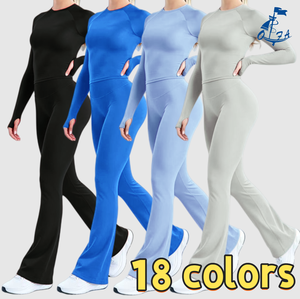 Nouvel ensemble de yoga pour <span class=keywords><strong>femme</strong></span> L-03 – Tenue de sport sans couture avec pantalon évasé et haut à manches longues pour la gym, le fitness, l'entraînement et la course à pied - Product Image 1
