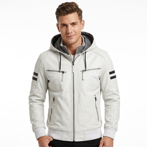 <b>Mens</b> Real <b>White</b> Leather Hooded <b>Jacket</b> Black Racing Stripe Bomber Cowhide Coat Rib Knit Trim Custom Classic Winter Warm Outwear - Product Image 1