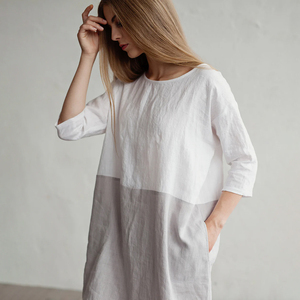 <span class=keywords><strong>Abito</strong></span> in Lino Bianco-Grigio a Blocchi di Colore, Lunghezza al Ginocchio, Casual, <span class=keywords><strong>Maniche</strong></span> <span class=keywords><strong>3</strong></span>/<span class=keywords><strong>4</strong></span>, Leggero e Traspirante con Tasche Laterali - Product Image 3