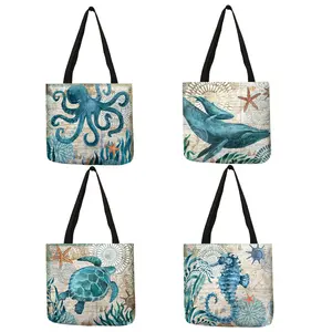 Tas Bahu Kanvas Wanita Tas Jinjing Motif Kura-kura Laut Warna-warni Tas Toko Pantai Linen Alami untuk Liburan