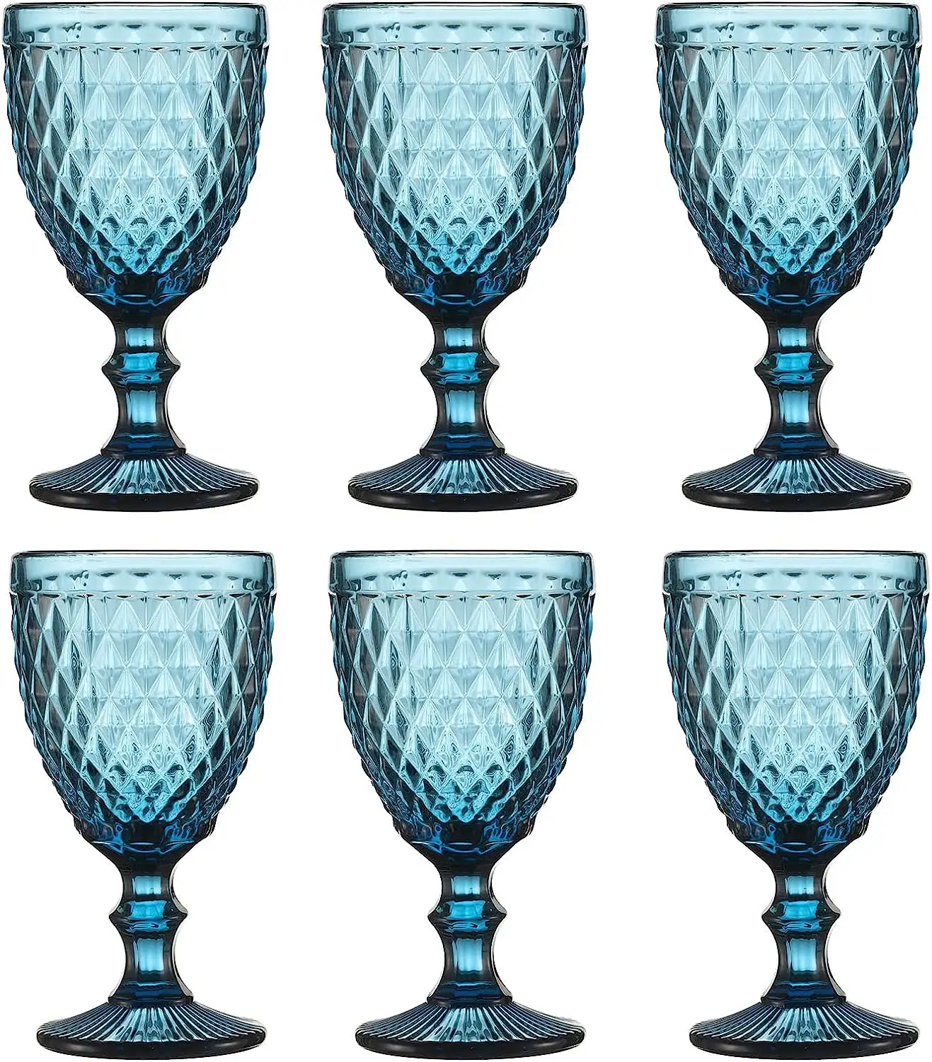 프로모션 음료 용기 독특한 양각 패턴 높은 투명 줄기 유리 제품 웨딩 파티 바 마시는 컵 다이아몬드 블루