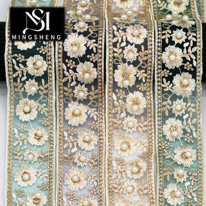 3.5CM Small Floral Lace Trim Polyester Silk China Wedding Dress Hanfu Headwear DIY Accessories Embroidery Pearl Organza Flower