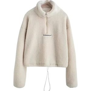 FOXA Women's Half Zip Fleece Sweatshirt <b>Crop</b> <b>Top</b> With Letter Print Regular <b>Sleeve</b> Anti Pilling Material - Product Image 1