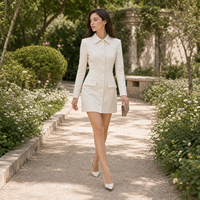 Robe mini évasée à col, manches longues et boutonnage frontal, en tissu naturel uni tissé, pour le bureau et les occasions formelles, vente en gros, personnalisation OEM