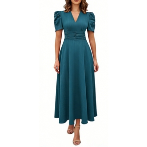 เดรสยาวรัดรูปเอวสำหรับผู้หญิง - เดรสแขนพองคอวีแบบเป็นทางการแฟชั่น - Product Image 3