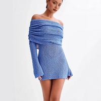 Robe fourreau mini en maille texturée unie, sexy, à col licou, manches longues évasées et fronces latérales, collection automne, vente en gros