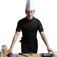 Uniforme de chef haut de gamme pour hommes en polyester/coton, manches courtes, design personnalisé, tenue d'été pour restaurants et hôtels, logo en relief