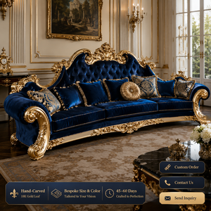 Set di Divani di Lusso Intagliati a Mano in Legno Massello con Foglia d'Oro 18K, Stile Palazzo, <span class=keywords><strong>Mobili</strong></span> per Soggiorno con Colori Personalizzabili - Product Image 1