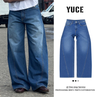 Celana Jeans Pria YUCE Retro Street Distressed Denim Model Relaxed Straight Wide Leg Monkey Wash Berkualitas Tinggi Custom