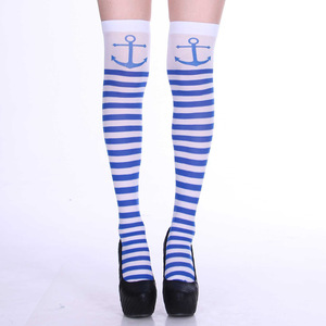 Chaussettes hautes de marin bleu marine à rayures blanches avec imprimé ancre pour femme, idéales pour costume ou cosplay - Product Image 1