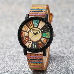 Reloj de Cuarzo Creativo para Mujer, Esfera Colorida, Correa de Corcho, Estilo Vintage, Casual y Moderno - Product Image 1