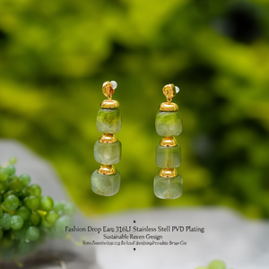 Fashion Drop Earrings 316L Stainless Steel PVD Gold Plating Sustainable Resistant Green Beaded Design - Product Image 3