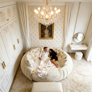 <span class=keywords><strong>Cama</strong></span> Redonda <span class=keywords><strong>de</strong></span> Lujo Moderna Italiana, Estilo Puff Crema Suave, Tamaño King, Muebles Tapizados para Dormitorio Principal, Hotel, Estilo Princesa - Product Image 2