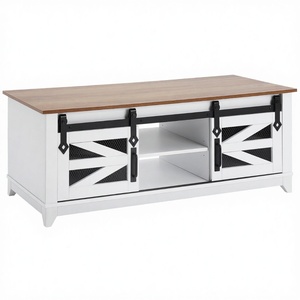 Farmhouse Wooden <b>Coffee</b> <b>Table</b> with Sliding Barn Doors, White Storage <b>Coffee</b> <b>Table</b> with Shelves, Modern Living Room Center <b>Table</b> - Product Image 3