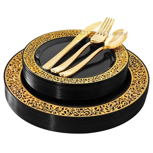 <span class=keywords><strong>Assiettes</strong></span> à dîner rondes en vrac de style évider à bas prix <span class=keywords><strong>Assiettes</strong></span> en plastique à cadre décoratif de mariage en or de récif antique - Product Image 1