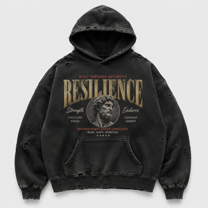 Sweat à capuche épais vintage noir délavé avec imprimé graphique, coupe ample et déchirée, poches plaquées, style streetwear, personnalisé pour homme - Product Image 1