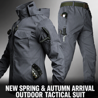 Ensemble tactique d'extérieur pour homme 2 pièces : veste et pantalon multi-poches, capuche amovible, respirant, en tissu polyester extensible résistant à l'abrasion