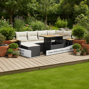 Ensemble de salon de jardin blanc crème et noir avec table, 6 places, en rotin, design contemporain - Product Image 2