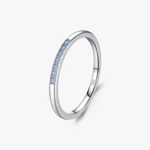 Minimalism 925 Sterling Silver Simple Blue Crystal Pave Setting Stacking Rings Trendy Korea Style Jewelry For Women