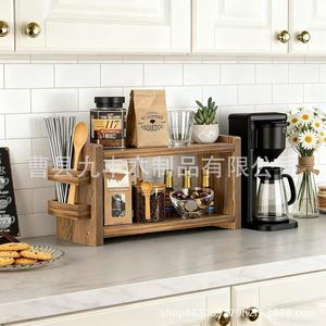 Coffee Machine Storage Rack 2 Tier Wooden <b>Desktop</b> Organizer With Straw Holder For Kitchen Counter Utensil Spice Display - Product Image 1