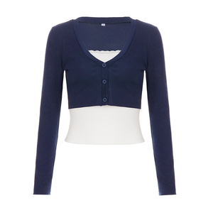 Top de punto con cuello en V y bloques de color, camiseta de manga larga para mujer, jersey informal ajustado, estilo retro Y2K de moda urbana - Product Image 6