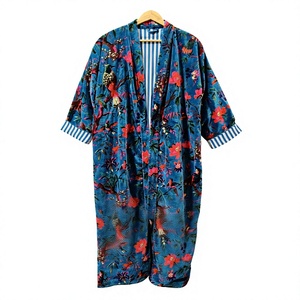 Floral Printed Long Kimono Robe Women's Wrap Dressing Gown Three Quarter Sleeve Summer Wear Blue Velvet Style - Product Image 1