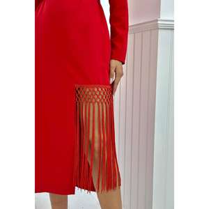 Robe de soirée rouge en satin à manches longues avec ceinture, taille naturelle, coupe confortable - Product Image 2
