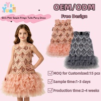 Robe Tutu Rose Poudré à Paillettes et Franges sans Manches pour Enfants, avec Volants en Dentelle et Ourlet en Tulle Superposé, pour Fillettes, Idéale pour Fête d'Anniversaire