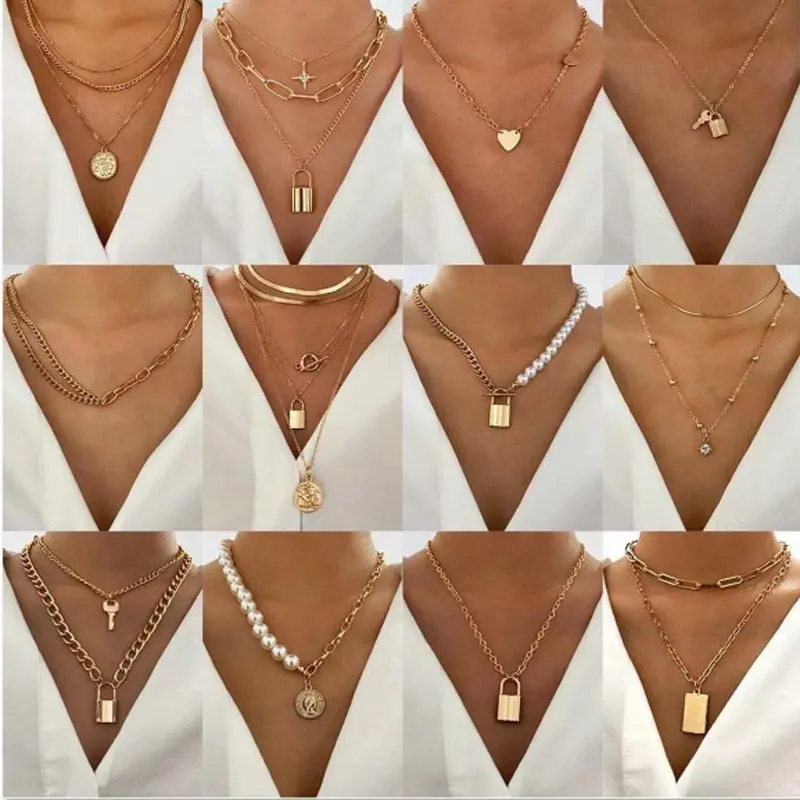 Many styles Trendy Multilayer pearl Cross Gold Metal Chain Boho Choker Pendant Necklace for Women
