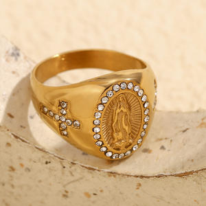 Anneaux en or 18 carats pour hommes en acier inoxydable, personnalisés, luxe léger, micro-incrustés de zircon, <span class=keywords><strong>camée</strong></span> en forme de dôme, Vierge Marie, croix - Product Image 2