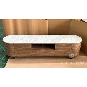 Nuevo Mueble para TV con Base Ovalada y Cajones, con Cubierta de Mármol Blanco y Estructura de Madera Marrón, para Sala de Estar, Estilo Vintage - Product Image 1