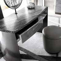 Espejo LED Circular con Base de Metal Curvada, Tapa de Mármol y Chapa de Madera, Escritorio de Maquillaje, Mueble de Dormitorio o Villa, Tocador