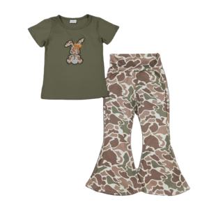 GSPO2110 RTS Venta al por mayor Conjunto de ropa infantil de verano con bordado de conejito de Pascua en camuflaje verde para niña pequeña, conjunto de ropa infantil de manga corta - Product Image 1
