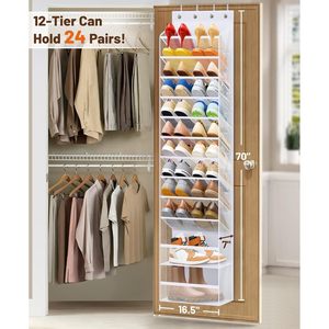 12 Tier Over The Door <b>Shoe</b> Organizer Hanging Rack For Closet Storage White Mesh <b>Shoe</b> <b>Holder</b> With 12 Compartments For <b>Shoes</b> - Product Image 2