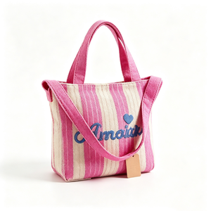 Customized <b>Canvas</b> tote <b>bag</b>, Striped mini tote, Letter embroidery handbag, Women small shoulder <b>bag</b> - Product Image 3