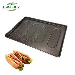 Plateau perforé en acier aluminisé antiadhésif à 4 cavités ovales, moules à pain pour hot-dogs, moules à pain baguette française, plaque <span class=keywords><strong>de</strong></span> cuisson pour pain - Product Image 1