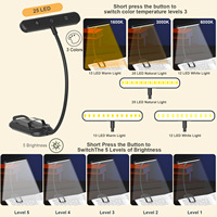 Lampe de lecture portable 3 couleurs blanc chaud ambre, 5 niveaux de luminosité, protection des yeux, fonction de minuterie 30/60 min, 25 LED