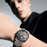 AGELOCER Montre Tourbillon originale Bracelet en acier Montre mécanique manuelle squelette de luxe pour hommes d'affaires Lunette diamantée