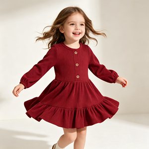 <span class=keywords><strong>Robe</strong></span> en tricot côtelé unie pour fillettes, col rond, boutonnée sur le devant, manches longues bouffantes, ourlet à volants, tenue décontractée pour enfants, collection automne-hiver, vente en gros - Product Image 4