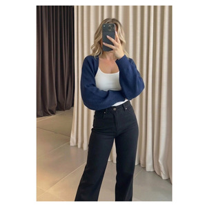 Women's <b>Navy</b> Blue Knitted Raglan Sleeve Bolero <b>Cardigan</b> Korean Style All Seasons Wear - Product Image 3