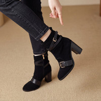 Bottines en daim pour femmes, à multiples boucles, fermeture éclair latérale, talon bloc épais, bout rond, style décontracté, grandes tailles