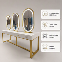 Miroir de salon multi-stations LED ovale rétroéclairé avec commande tactile, poste de coiffure 3 places, finition blanc doré avec tiroirs