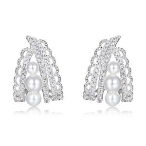 Boucles d'oreilles grimpantes en <span class=keywords><strong>argent</strong></span> sterling S925 avec grappe de perles coquillages et accent CZ, style vintage, filigrane dentelle, pour mariée, pour femme - Product Image 1