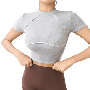 여자 여자 필수 스트레치 냉각 댄서 앞 짧은 소매 하이 넥 윤곽 체육관 티셔츠