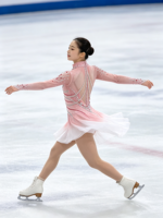 Robe de patinage artistique pour filles, rose et blanc dégradé, col montant, manches longues, en Spandex/Nylon, dos évidé, ornée de strass